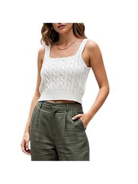 English Factory Ivory white wool blend cable knit cropped sweater tank top M